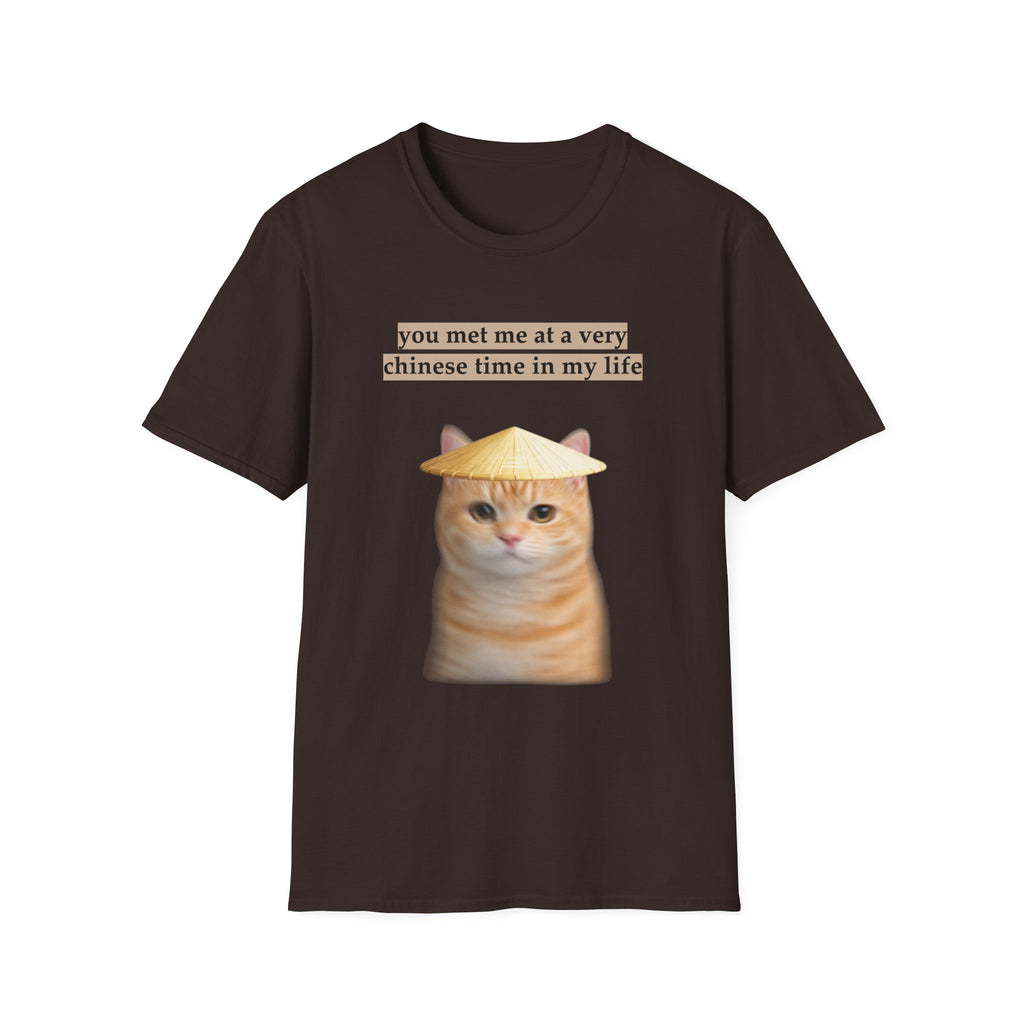 Brown t-shirt with a cat graphic and text on a white background