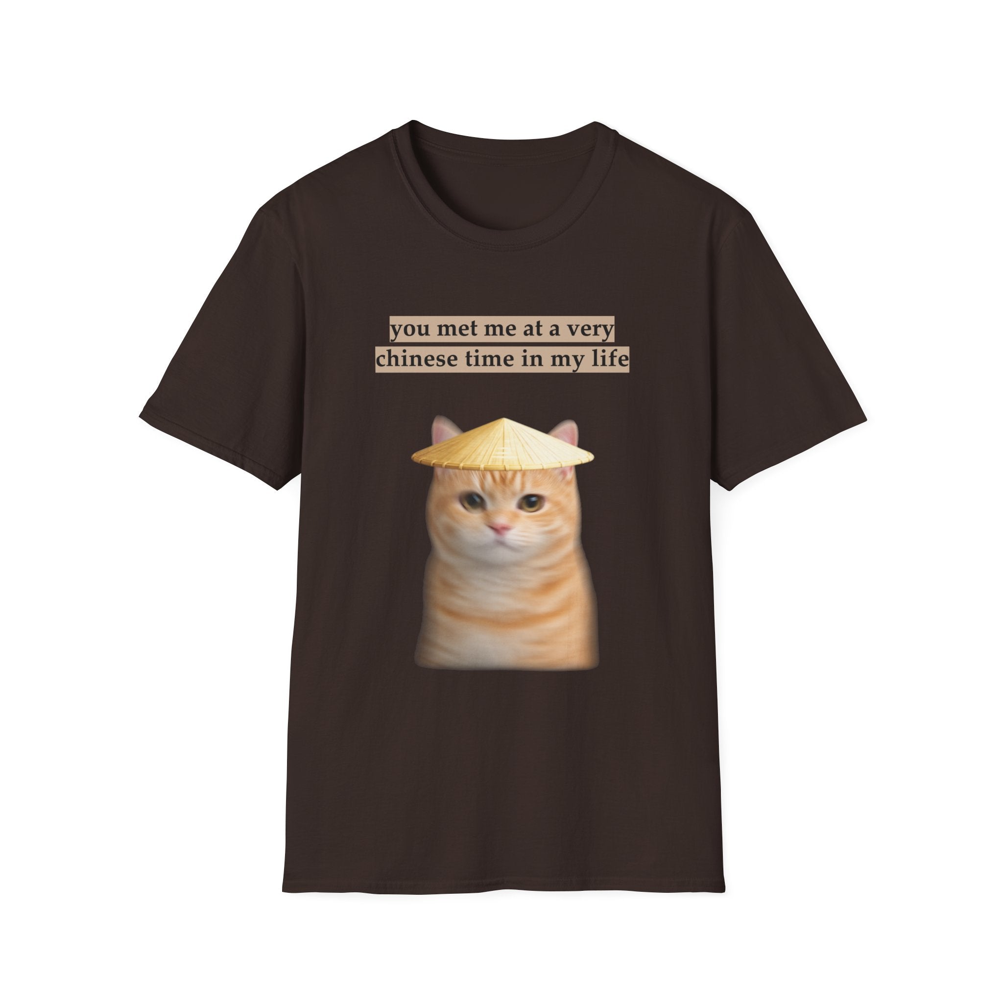 Brown t-shirt with a cat graphic and text on a white background