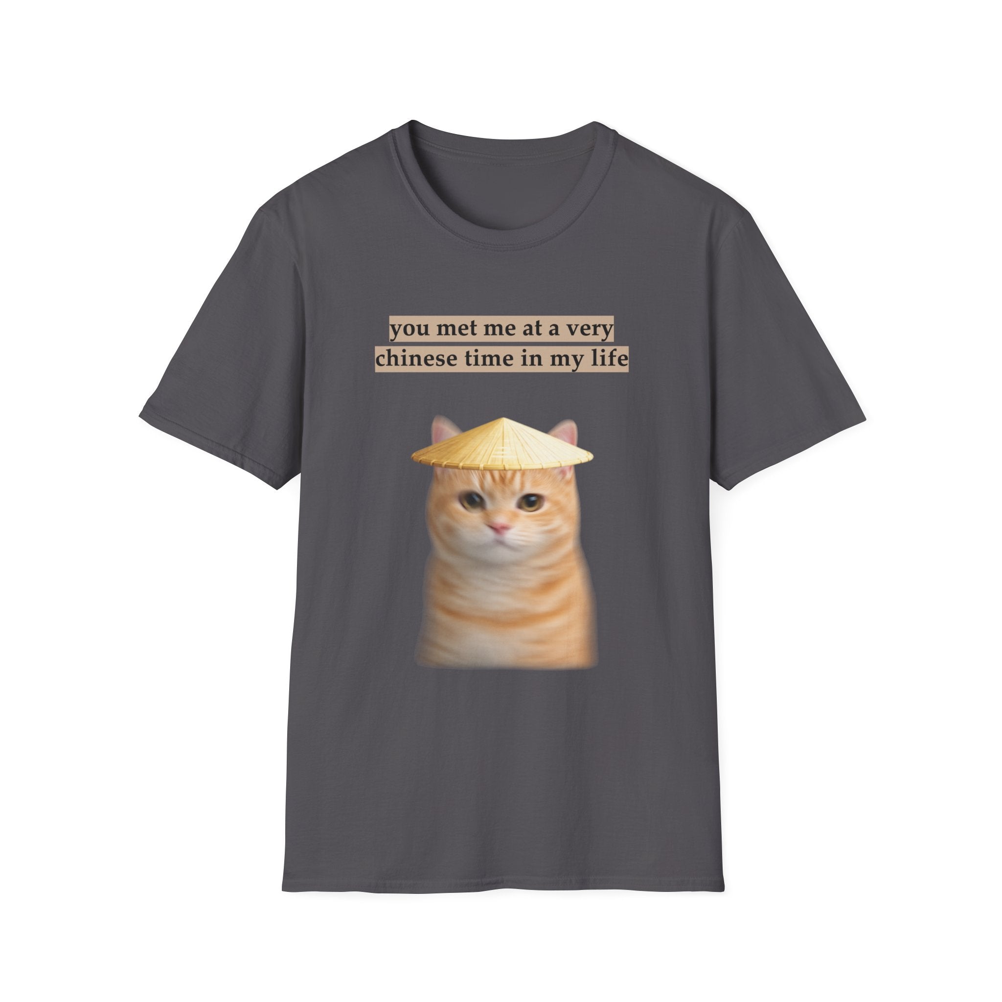 charcoal t-shirt with a cat graphic and text on a white background