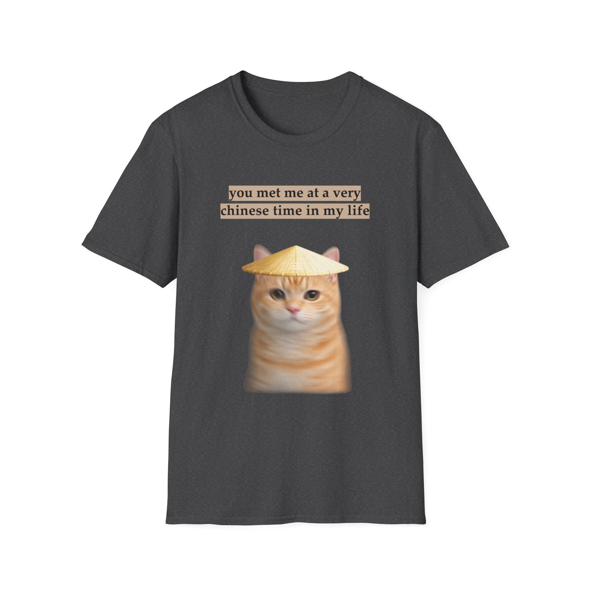 Dark gray t-shirt with a cat wearing a conical hat and text on a white background