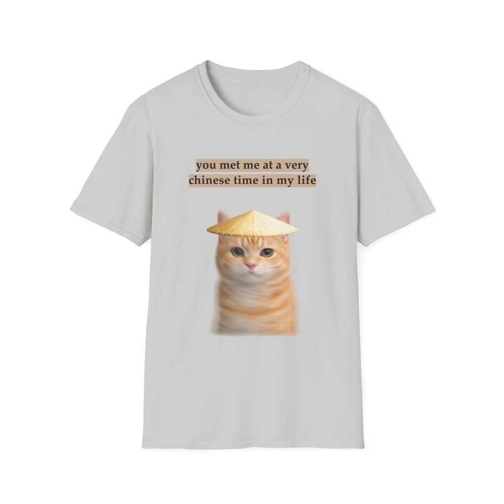 ice grey t-shirt with a cat graphic and text on a white background