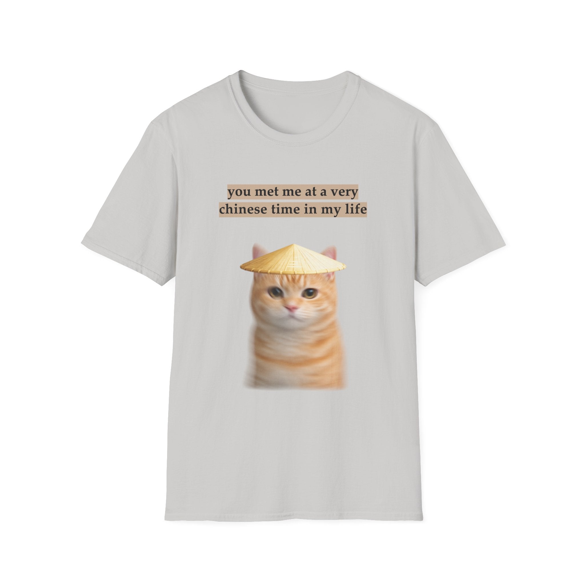 ice grey t-shirt with a cat graphic and text on a white background