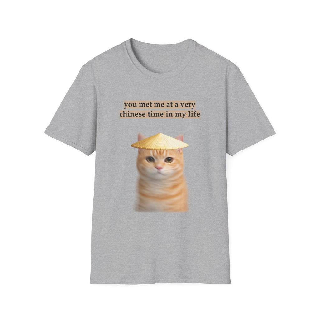 Gray t-shirt with a cat wearing a conical hat and text on a white background