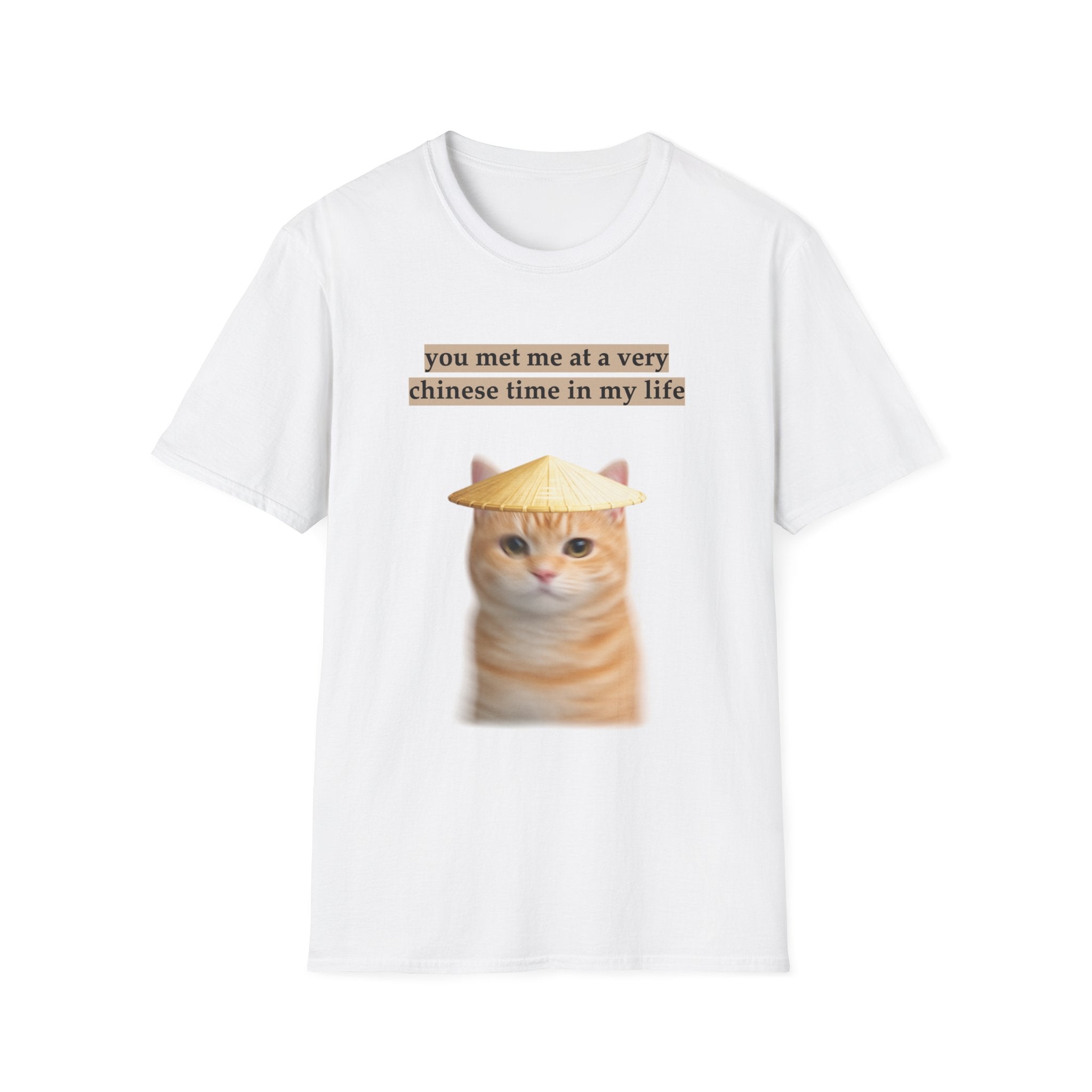 White t-shirt with a cat graphic and text on a white background