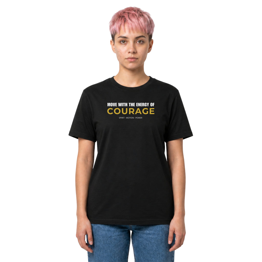 Courage motivational T-shirt with bold white and gold typography on a black tee. A positive statement graphic tee for confidence, mindset, and everyday streetwear.
