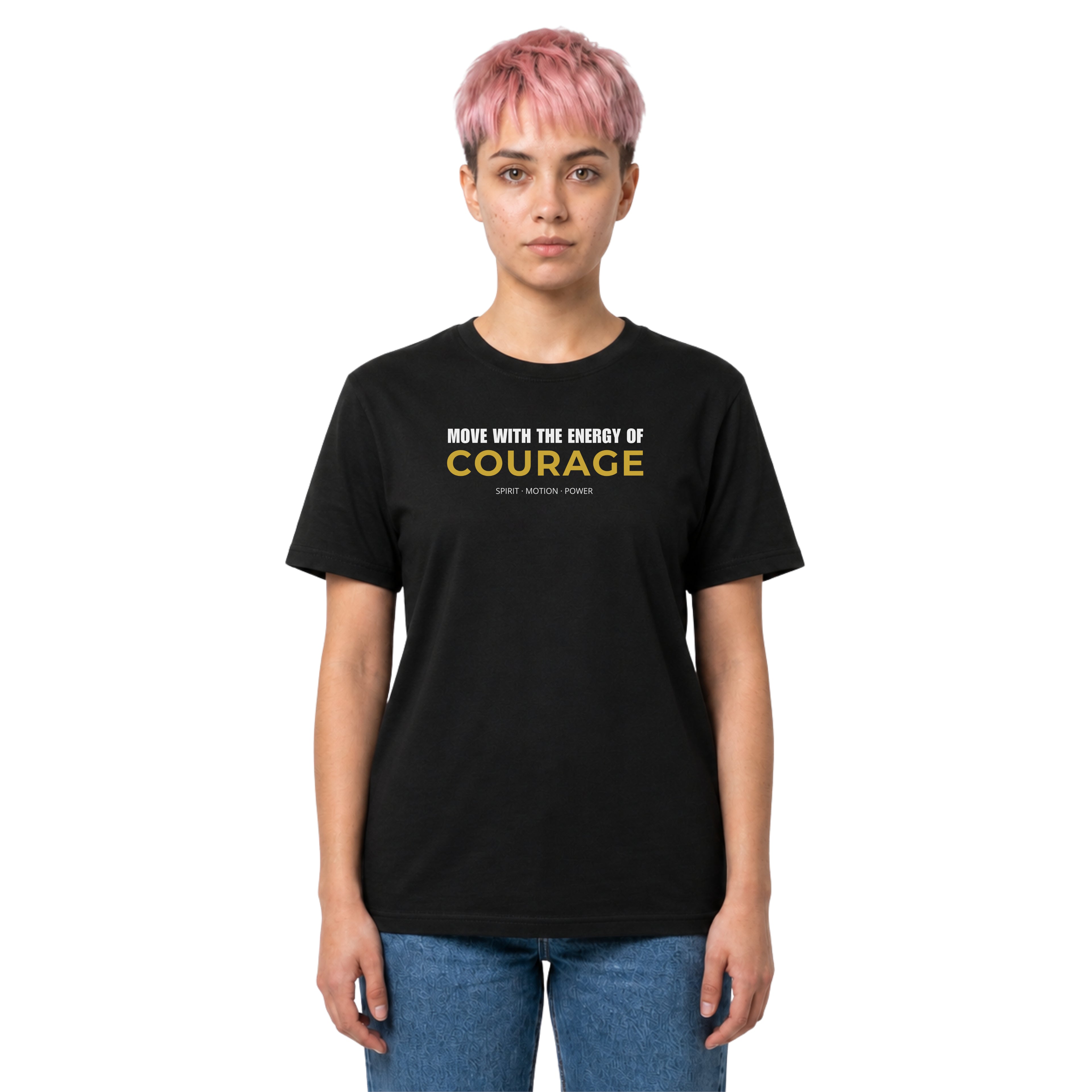 Courage motivational T-shirt with bold white and gold typography on a black tee. A positive statement graphic tee for confidence, mindset, and everyday streetwear.