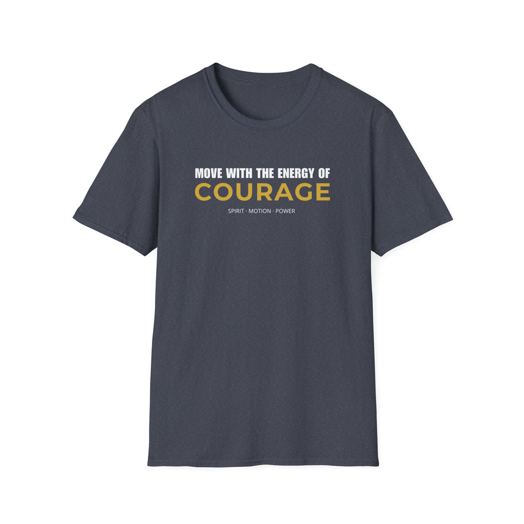 Courage motivational T-shirt with bold white and gold typography on a heather navy tee. A positive statement graphic tee for confidence, mindset, and everyday streetwear.