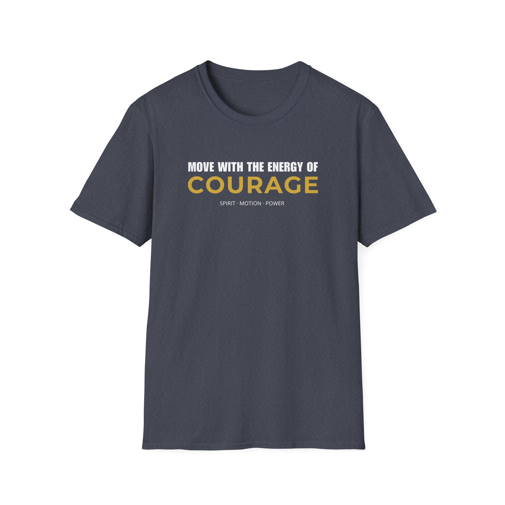 Courage motivational T-shirt with bold white and gold typography on a heather navy tee. A positive statement graphic tee for confidence, mindset, and everyday streetwear.
