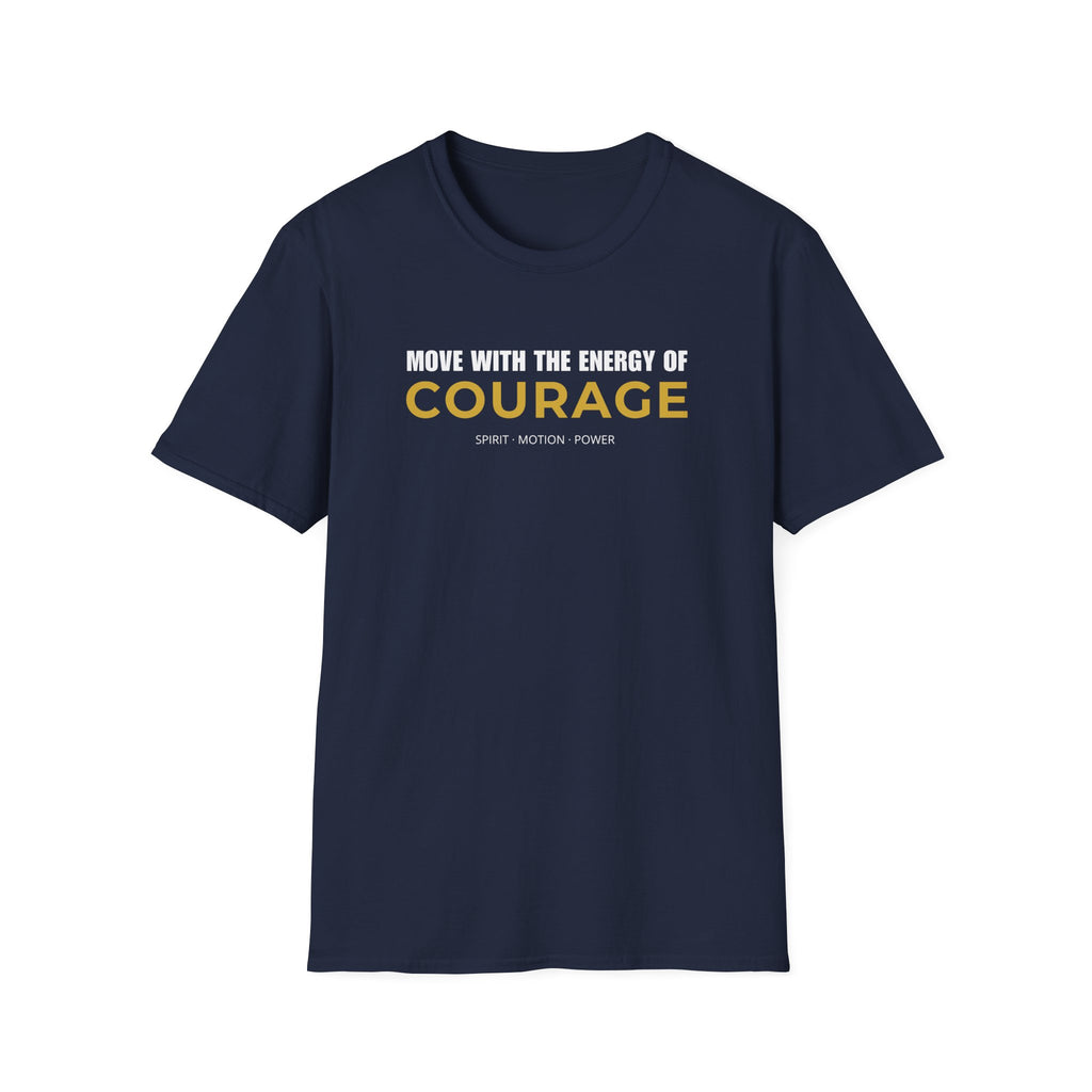 Courage motivational T-shirt with bold white and gold typography on a navy tee. A positive statement graphic tee for confidence, mindset, and everyday streetwear.