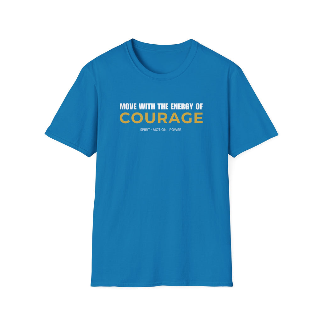 Courage motivational T-shirt with bold white and gold typography on a sapphire tee. A positive statement graphic tee for confidence, mindset, and everyday streetwear.
