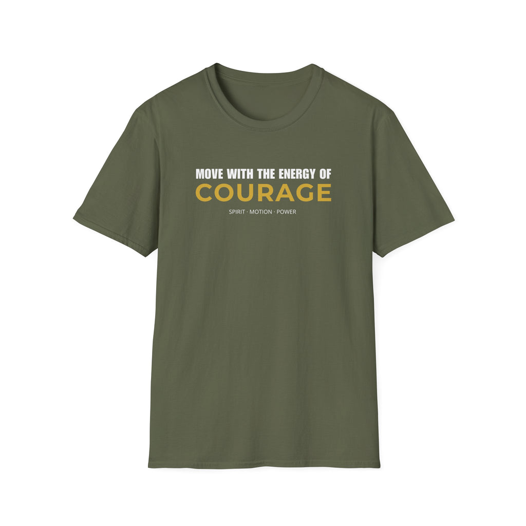 Courage motivational T-shirt with bold white and gold typography on a military green tee. A positive statement graphic tee for confidence, mindset, and everyday streetwear.