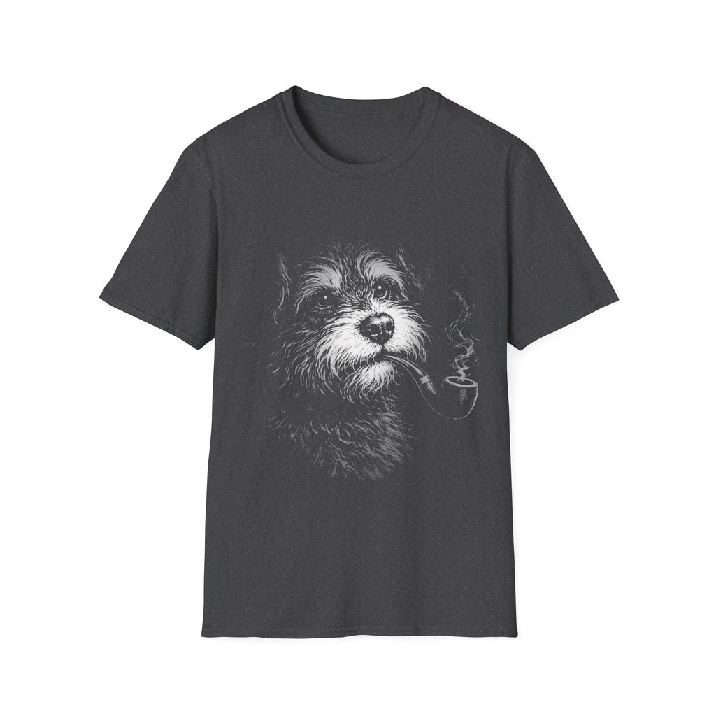 Dark grey Gildan 64000 T-shirt with scruffy dog portrait graphic and smoky animal artwork.