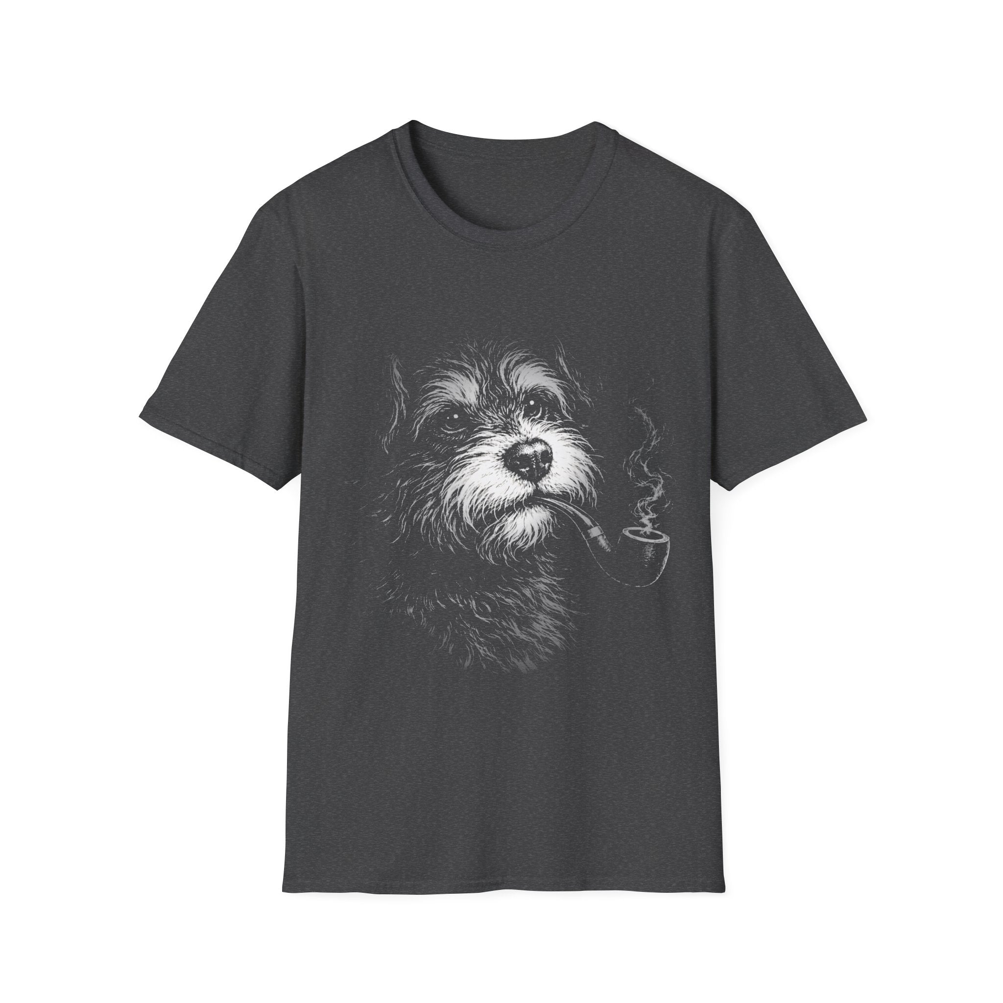 Dark grey Gildan 64000 T-shirt with scruffy dog portrait graphic and smoky animal artwork.