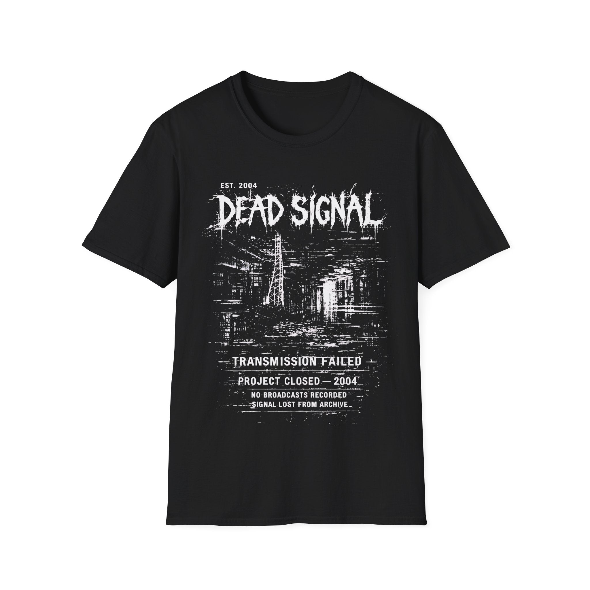 Black Gildan 64000 T-shirt with Dead Signal distressed monochrome graphic, transmission failed text and archive-style artwork.