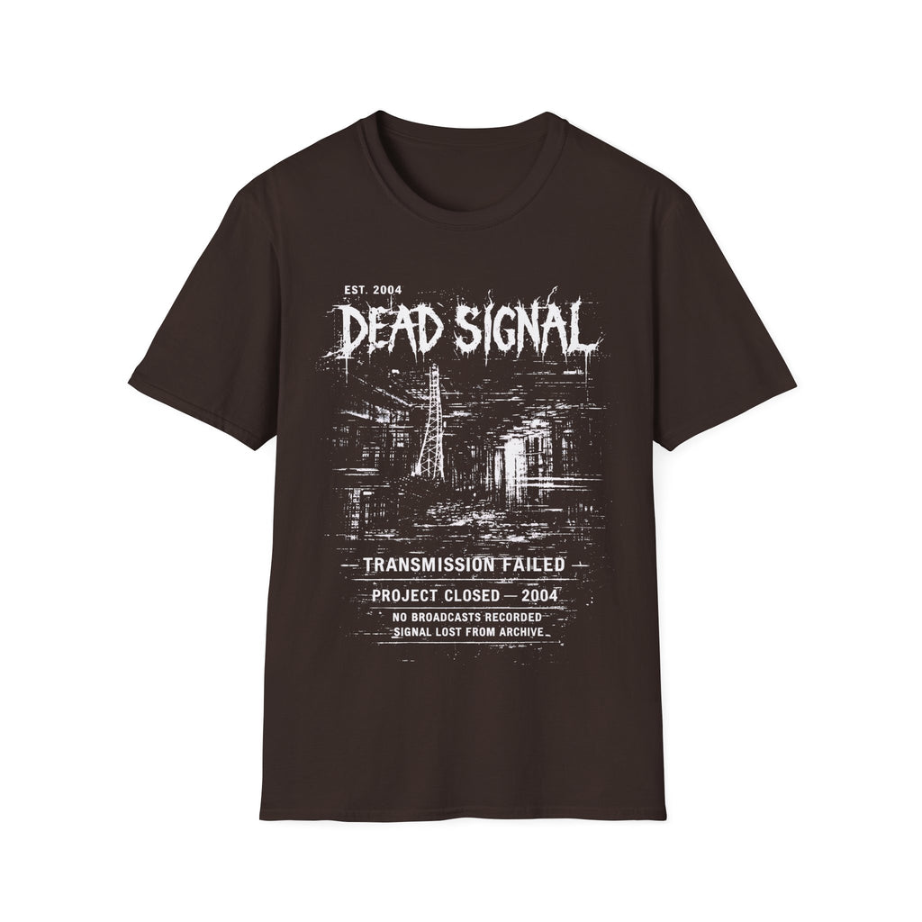 Brown Gildan 64000 T-shirt with Dead Signal distressed monochrome graphic, transmission failed text and archive-style artwork.