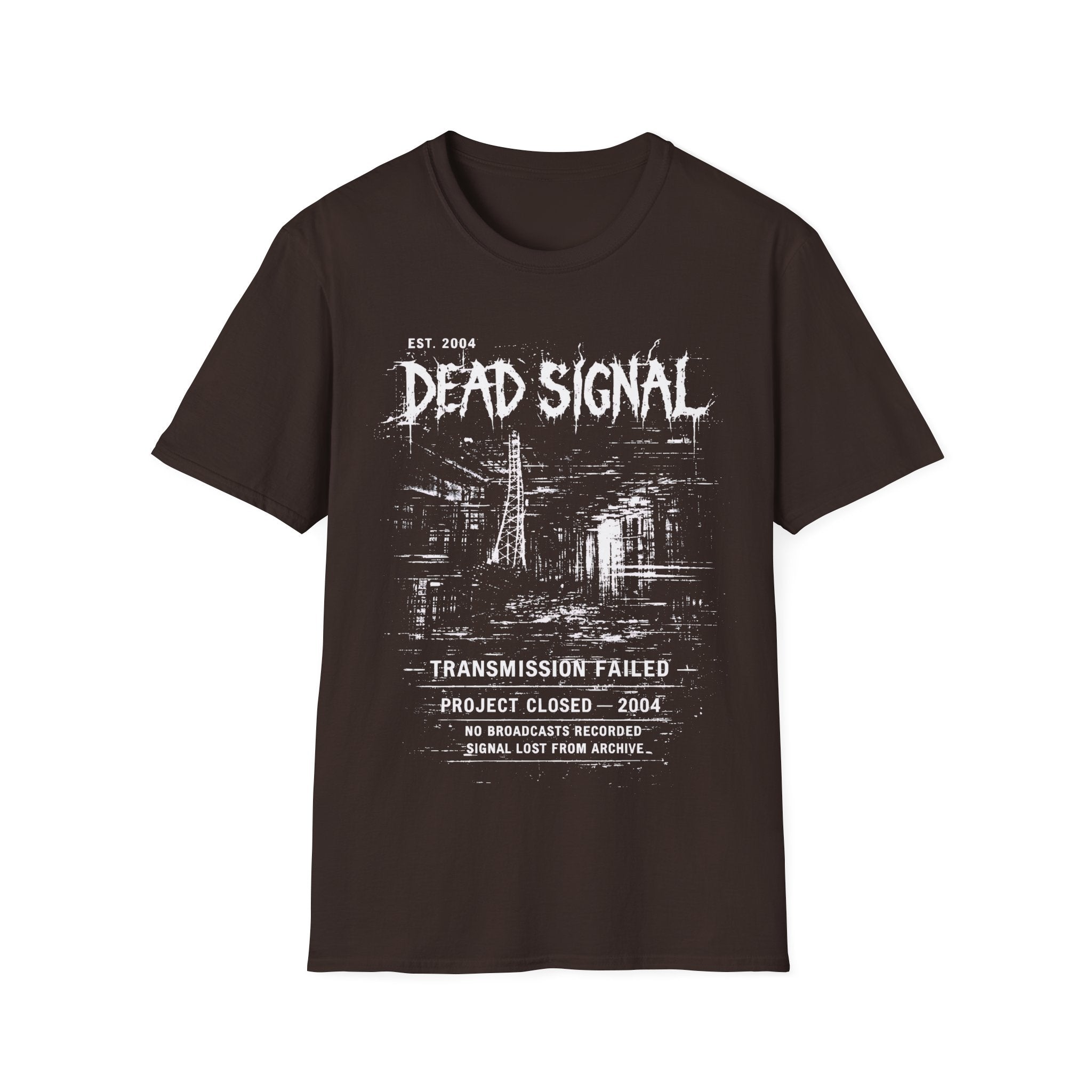 Brown Gildan 64000 T-shirt with Dead Signal distressed monochrome graphic, transmission failed text and archive-style artwork.