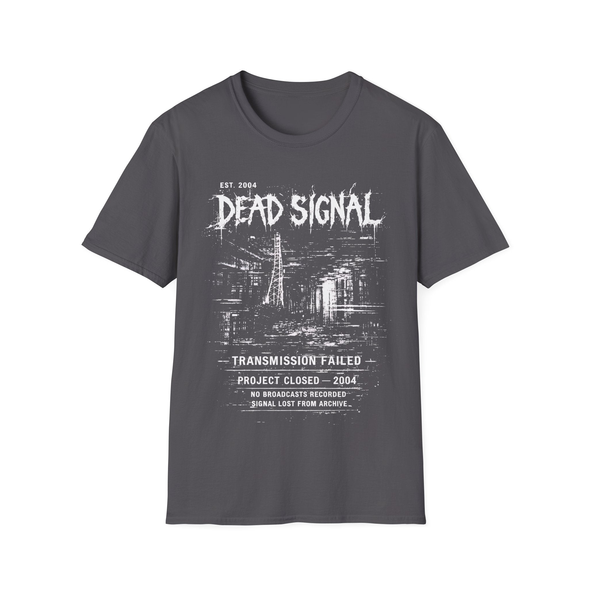 Charcoal Grey graphic T-shirt featuring Dead Signal text, transmission failed wording, signal tower artwork and dark grunge archive design.