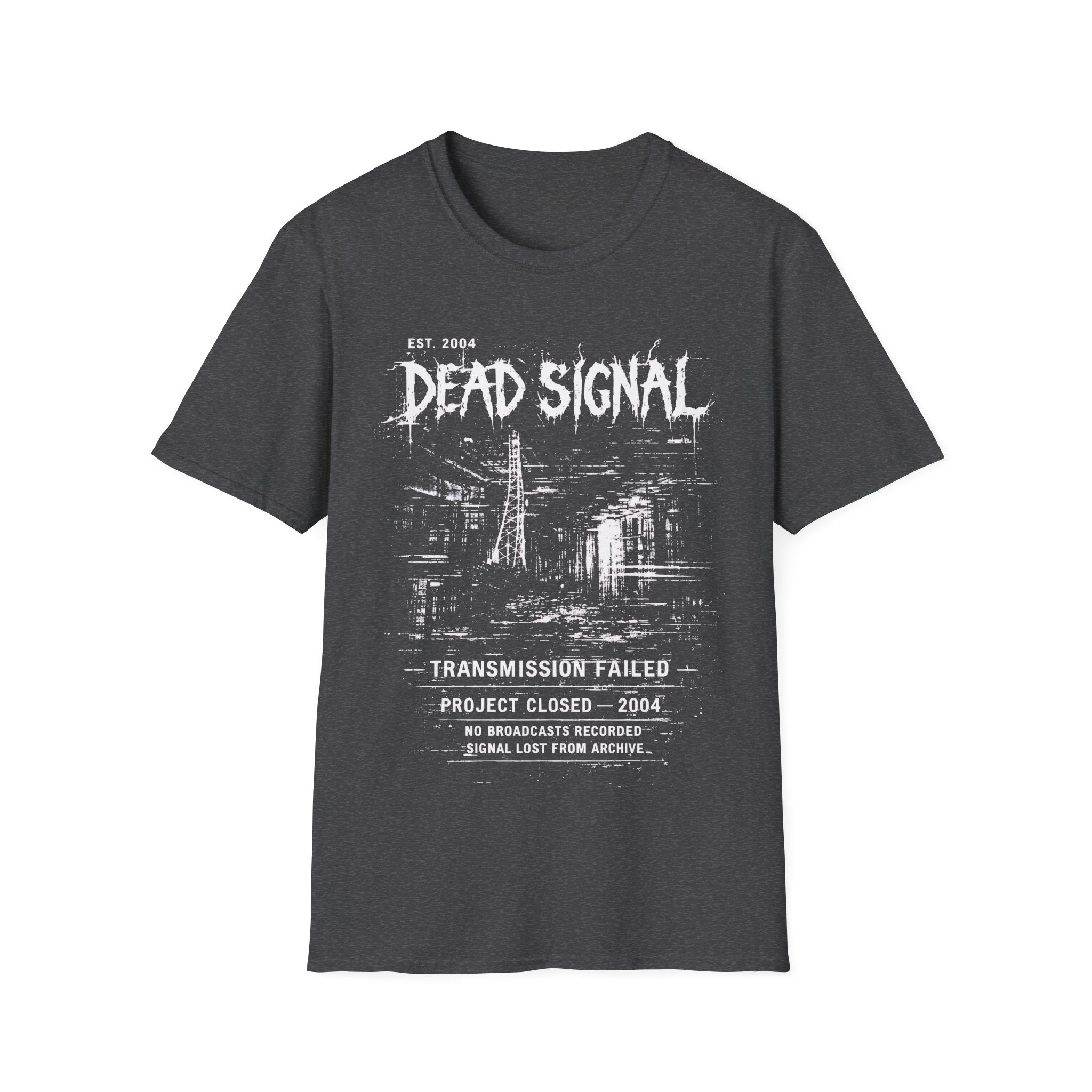 Grey graphic T-shirt featuring Dead Signal text, transmission failed wording, signal tower artwork and dark grunge archive design.