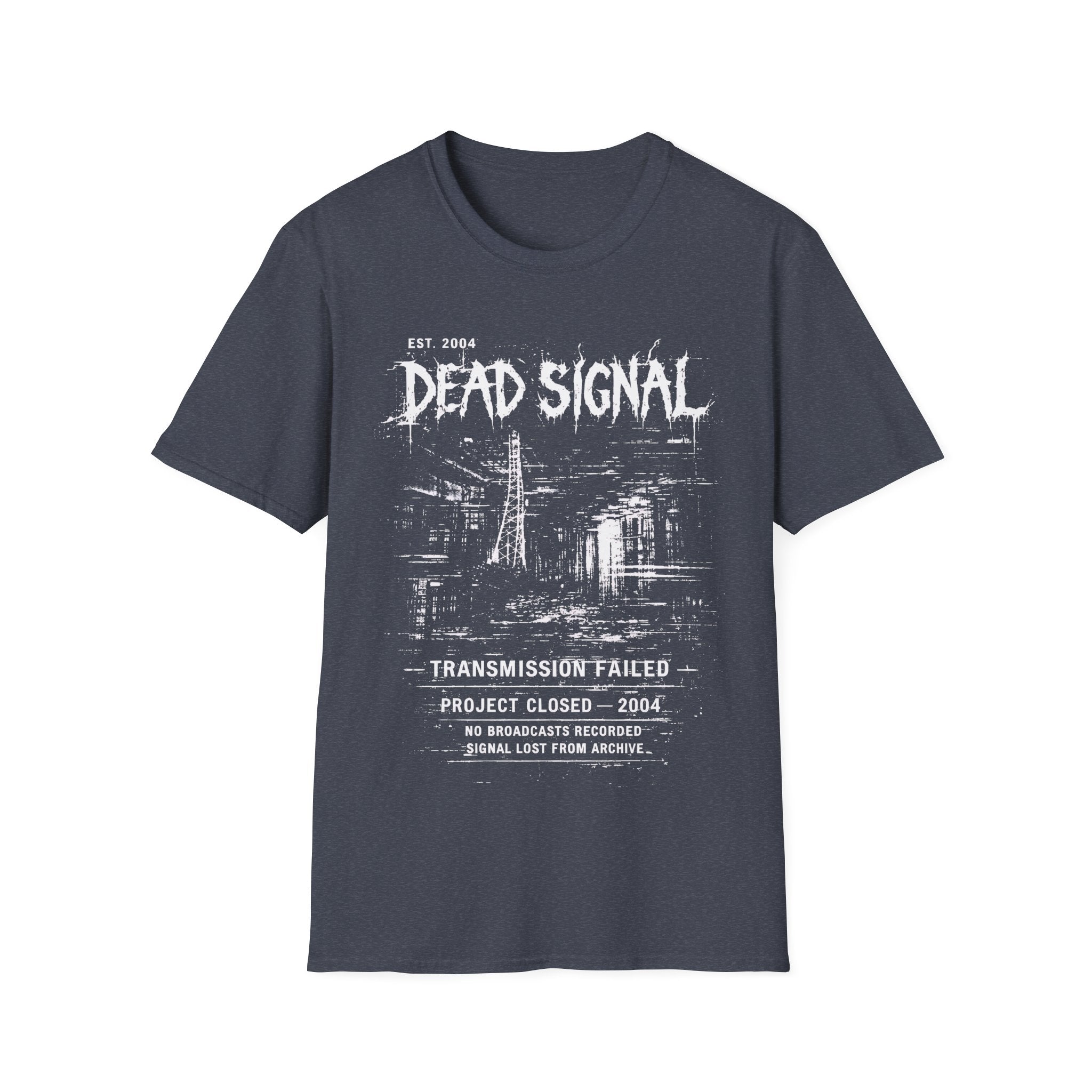 Heather Navy graphic T-shirt featuring Dead Signal text, transmission failed wording, signal tower artwork and dark grunge archive design.
