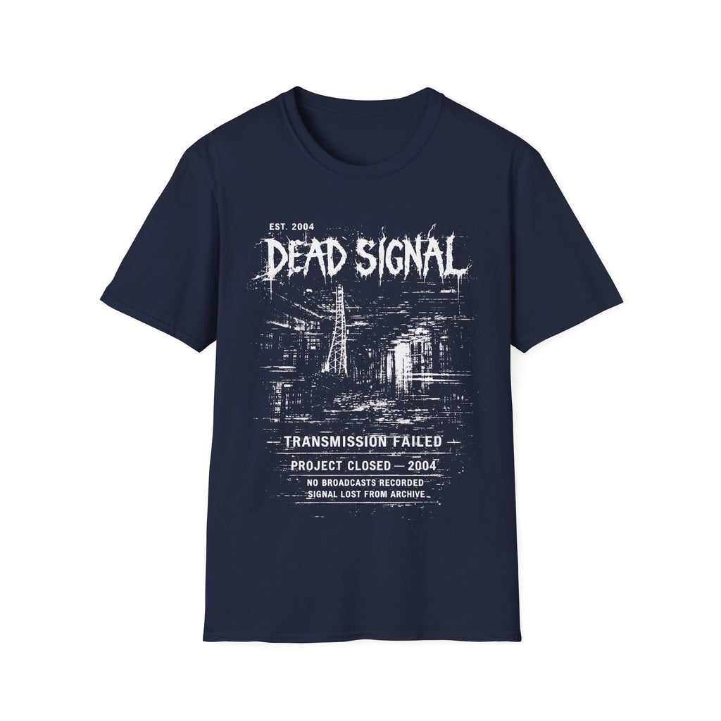 Navy Blue graphic T-shirt featuring Dead Signal text, transmission failed wording, signal tower artwork and dark grunge archive design.