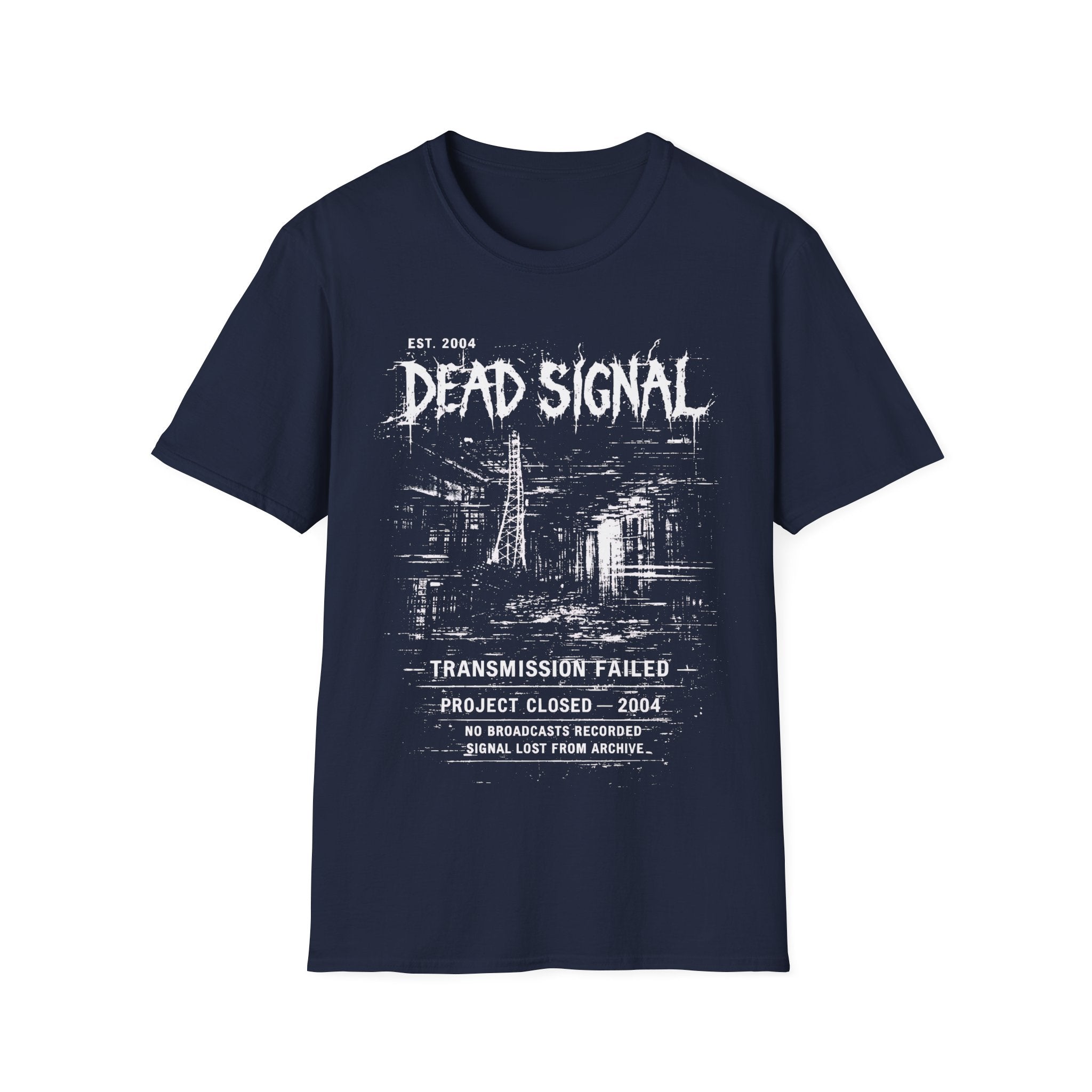 Navy Blue graphic T-shirt featuring Dead Signal text, transmission failed wording, signal tower artwork and dark grunge archive design.