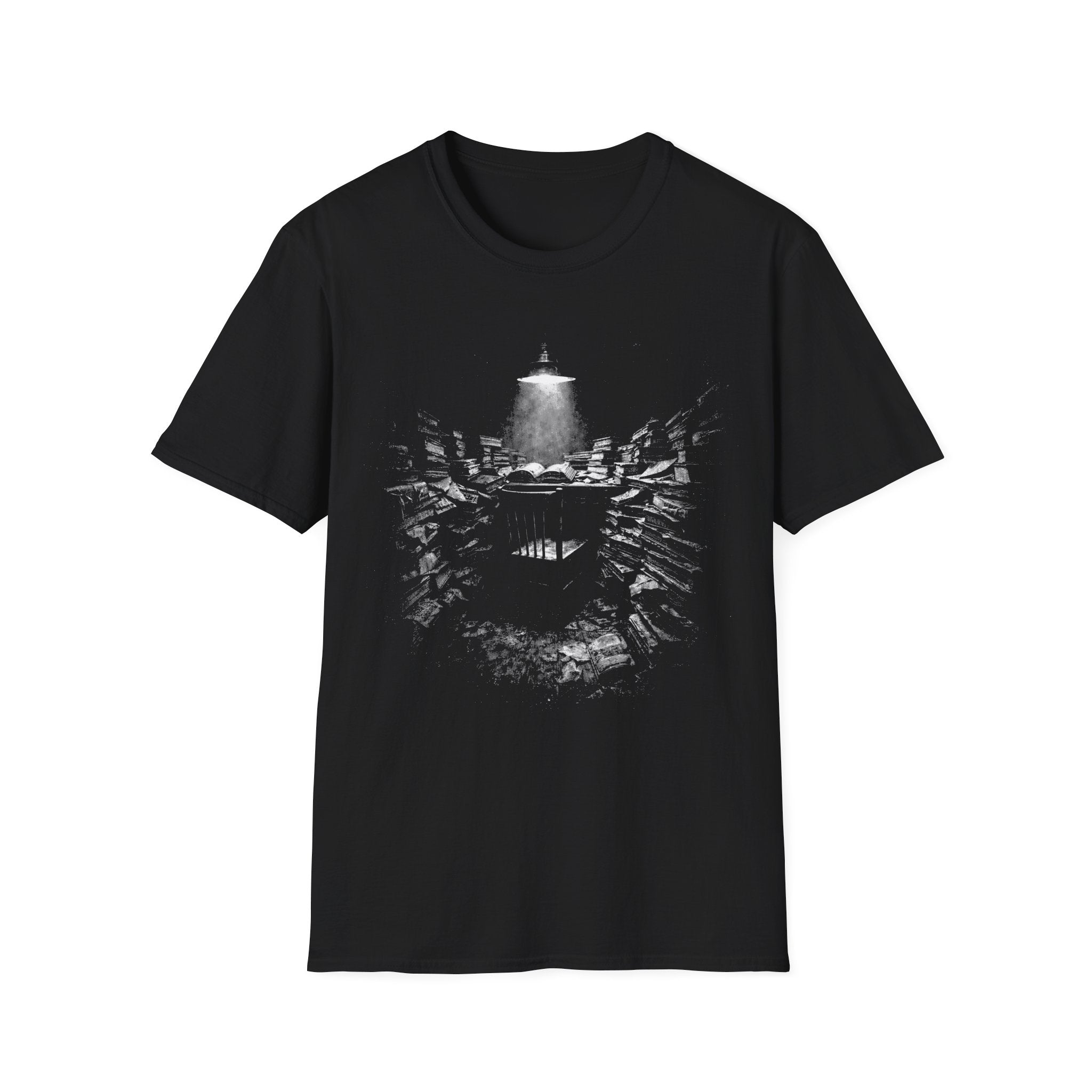 Deep Reading graphic T-shirt with atmospheric black-and-white artwork on black. A literary immersion tee for readers, writers, librarians, students, and book lovers.