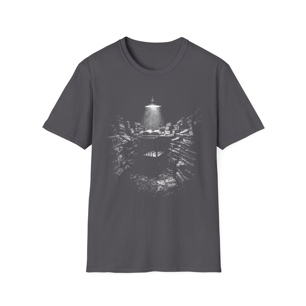 Deep Reading graphic T-shirt with atmospheric black-and-white artwork on charcoal grey. A literary immersion tee for readers, writers, librarians, students, and book lovers.