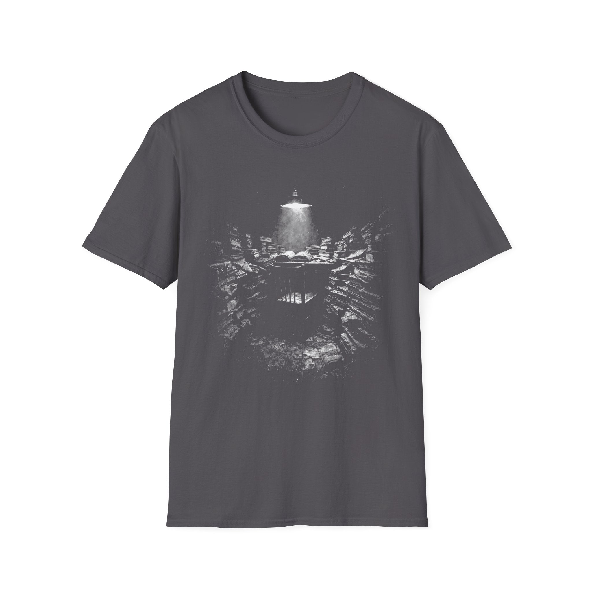 Deep Reading graphic T-shirt with atmospheric black-and-white artwork on charcoal grey. A literary immersion tee for readers, writers, librarians, students, and book lovers.