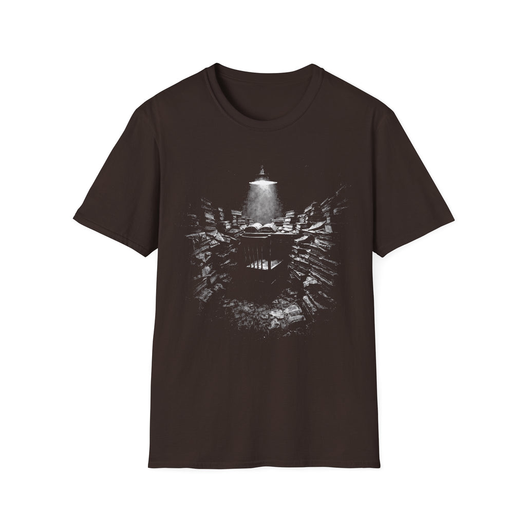 Deep Reading graphic T-shirt with atmospheric black-and-white artwork on chocolate brown. A literary immersion tee for readers, writers, librarians, students, and book lovers.