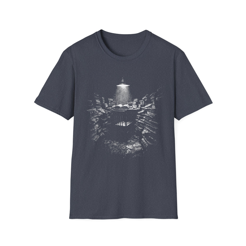 Deep Reading graphic T-shirt with atmospheric black-and-white artwork on heather navy. A literary immersion tee for readers, writers, librarians, students, and book lovers.