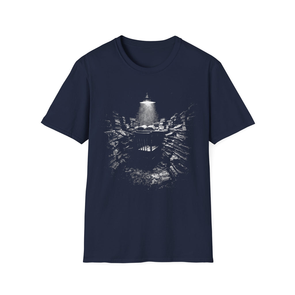 Deep Reading graphic T-shirt with atmospheric black-and-white artwork on navy. A literary immersion tee for readers, writers, librarians, students, and book lovers.