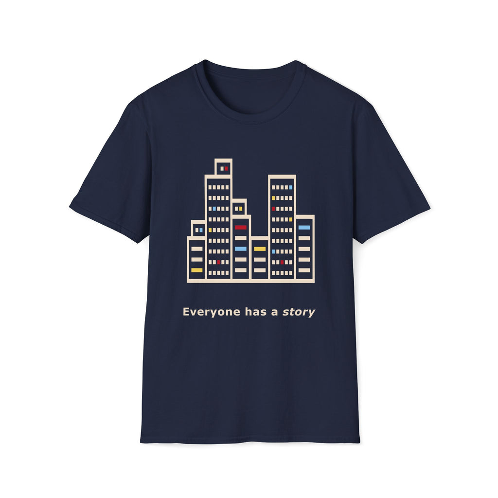Gildan 64000 T-shirt with Every Stranger Has A Story empathy graphic about hidden lives, quiet observation and human connection.