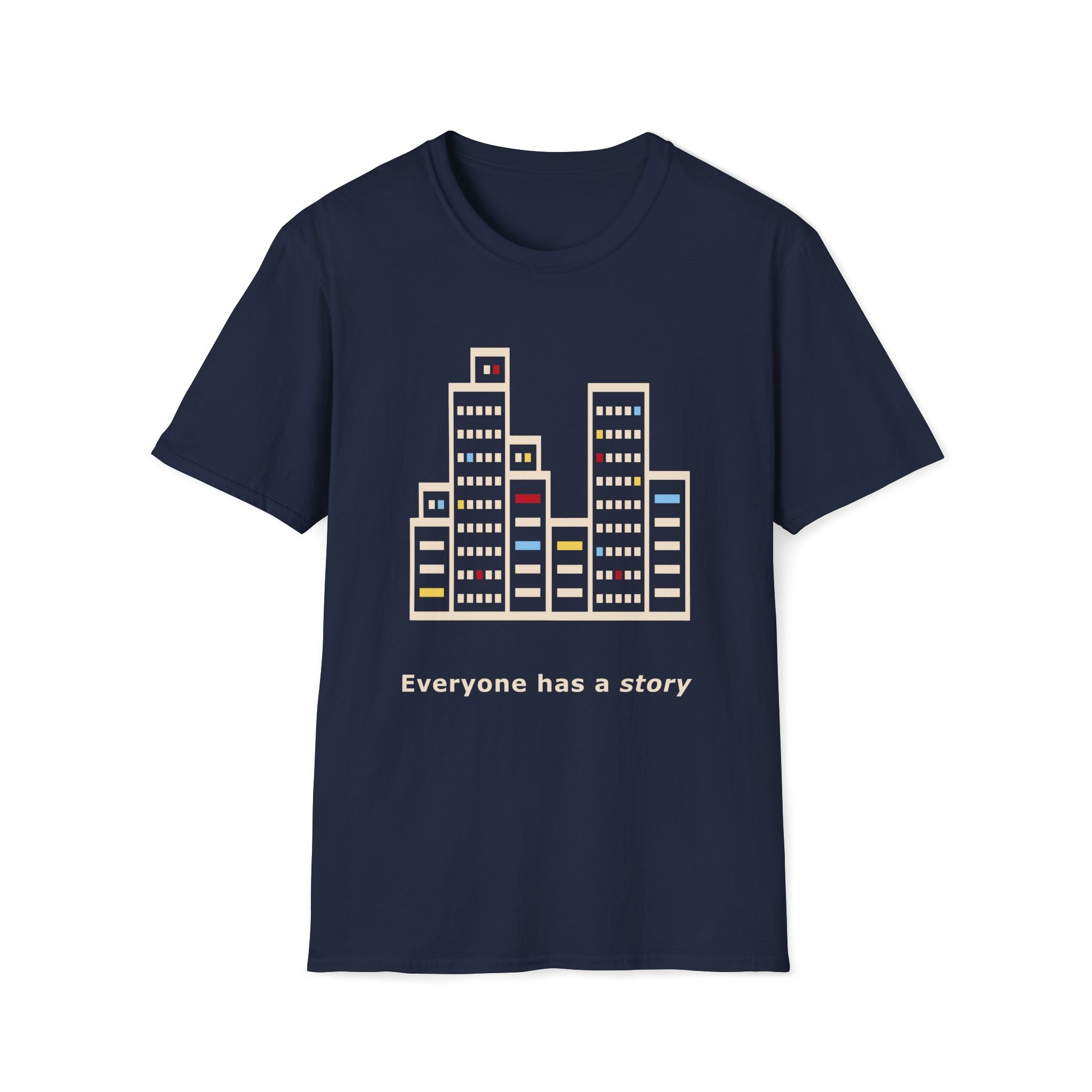 Gildan 64000 T-shirt with Every Stranger Has A Story empathy graphic about hidden lives, quiet observation and human connection.