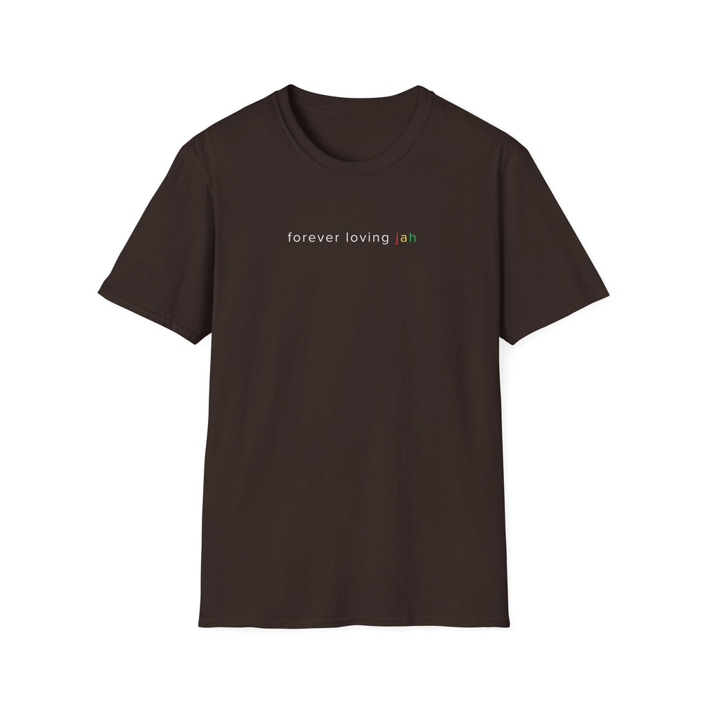 Black t-shirt with 'forever loving jah' printed on a white background