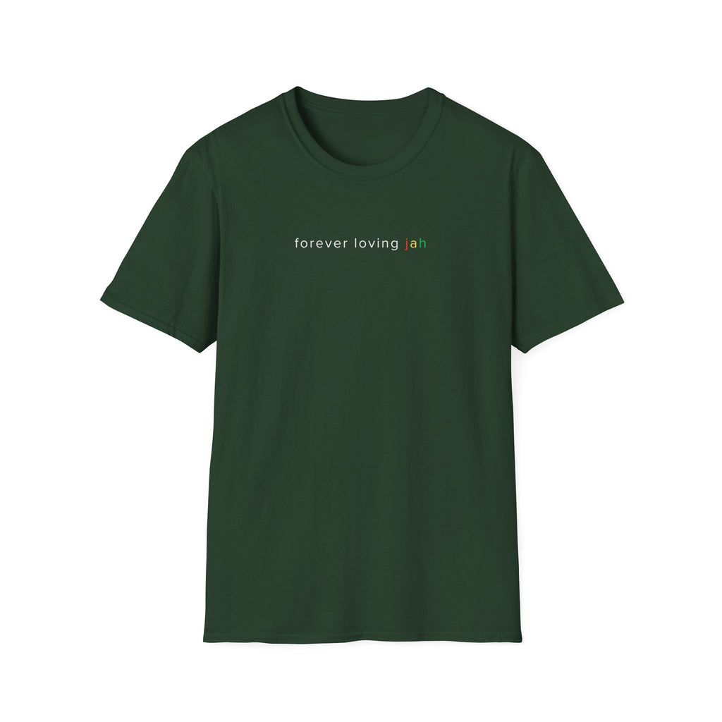 Black t-shirt with 'forever loving jah' printed on a white background