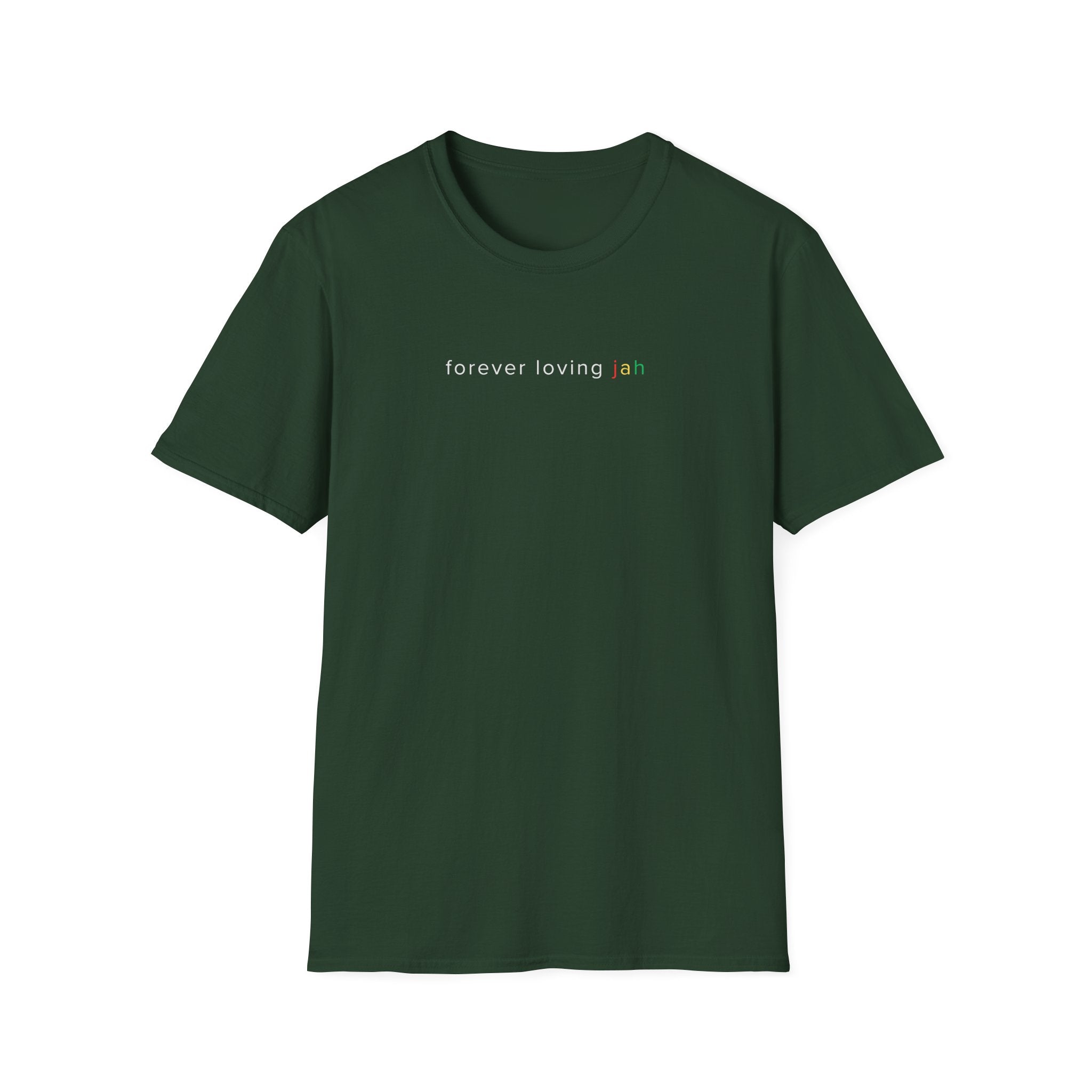 Black t-shirt with 'forever loving jah' printed on a white background