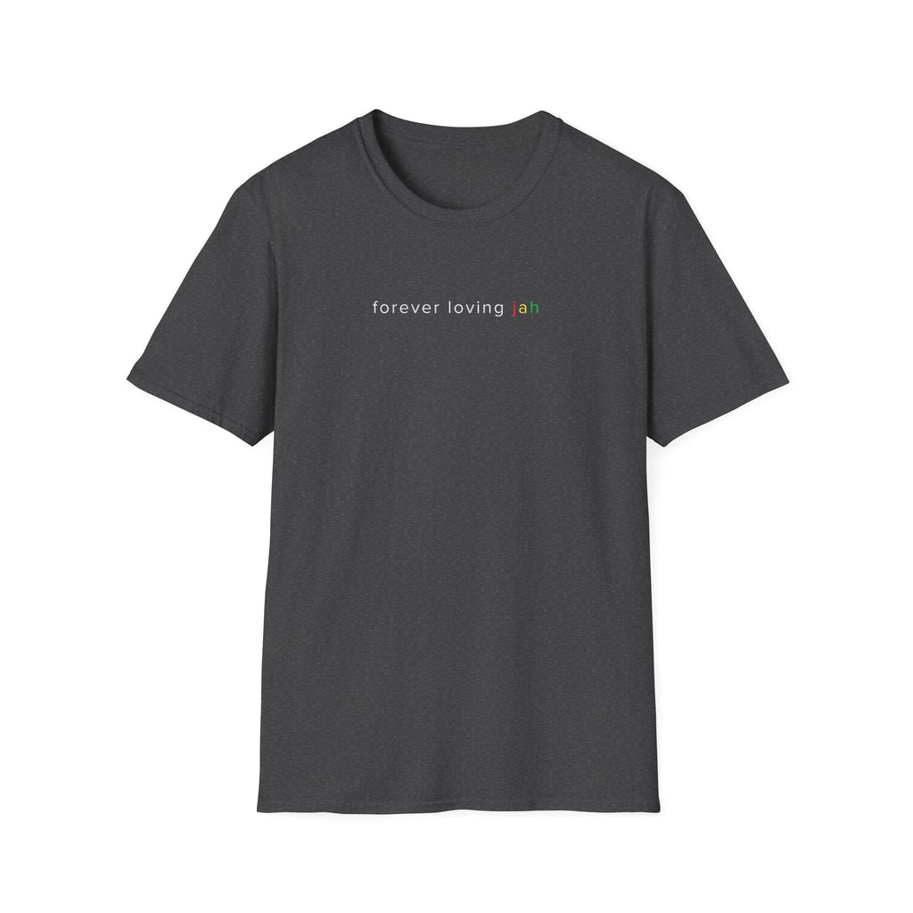 Black t-shirt with 'forever loving jah' printed on a white background