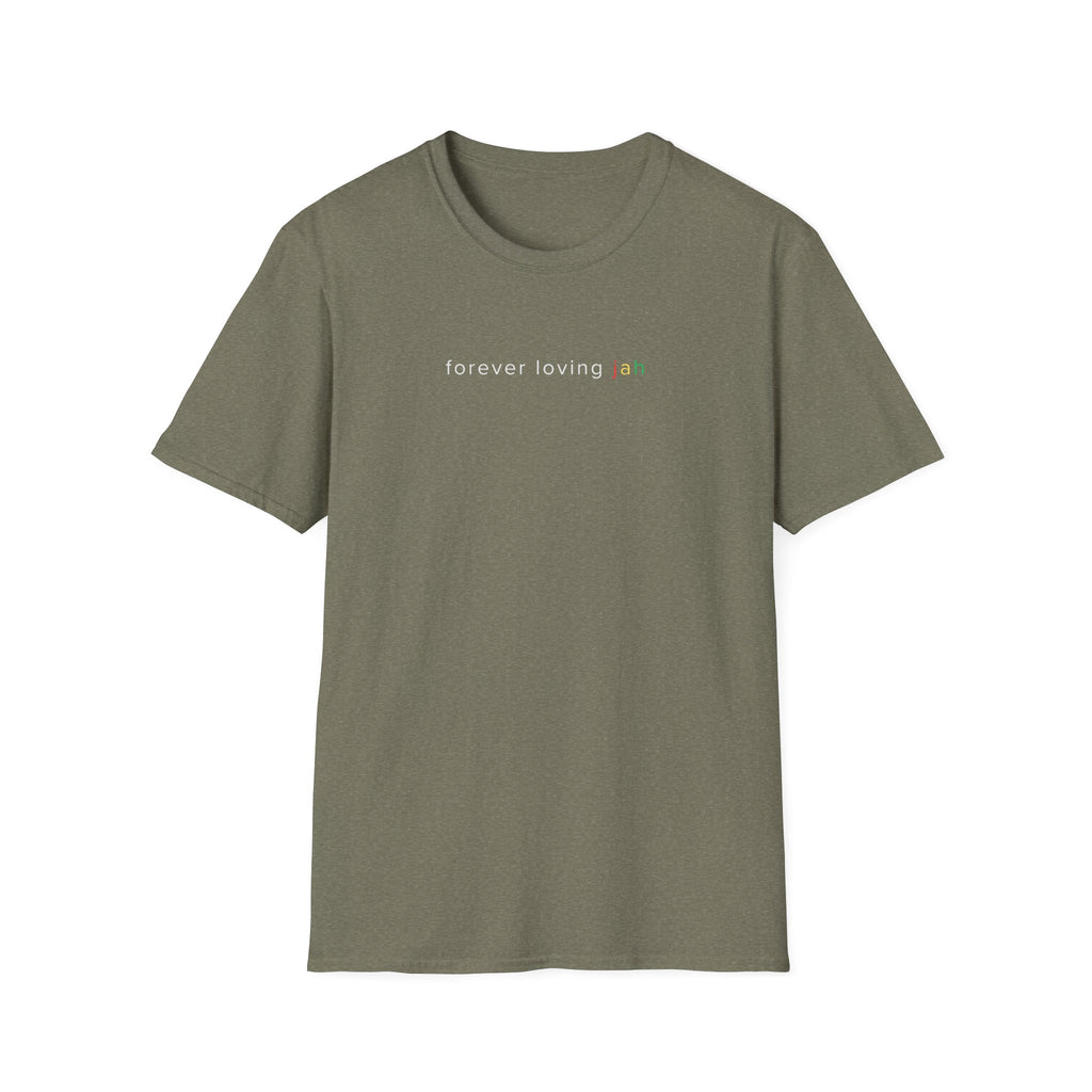 Green t-shirt with 'forever loving jah' text on a white background