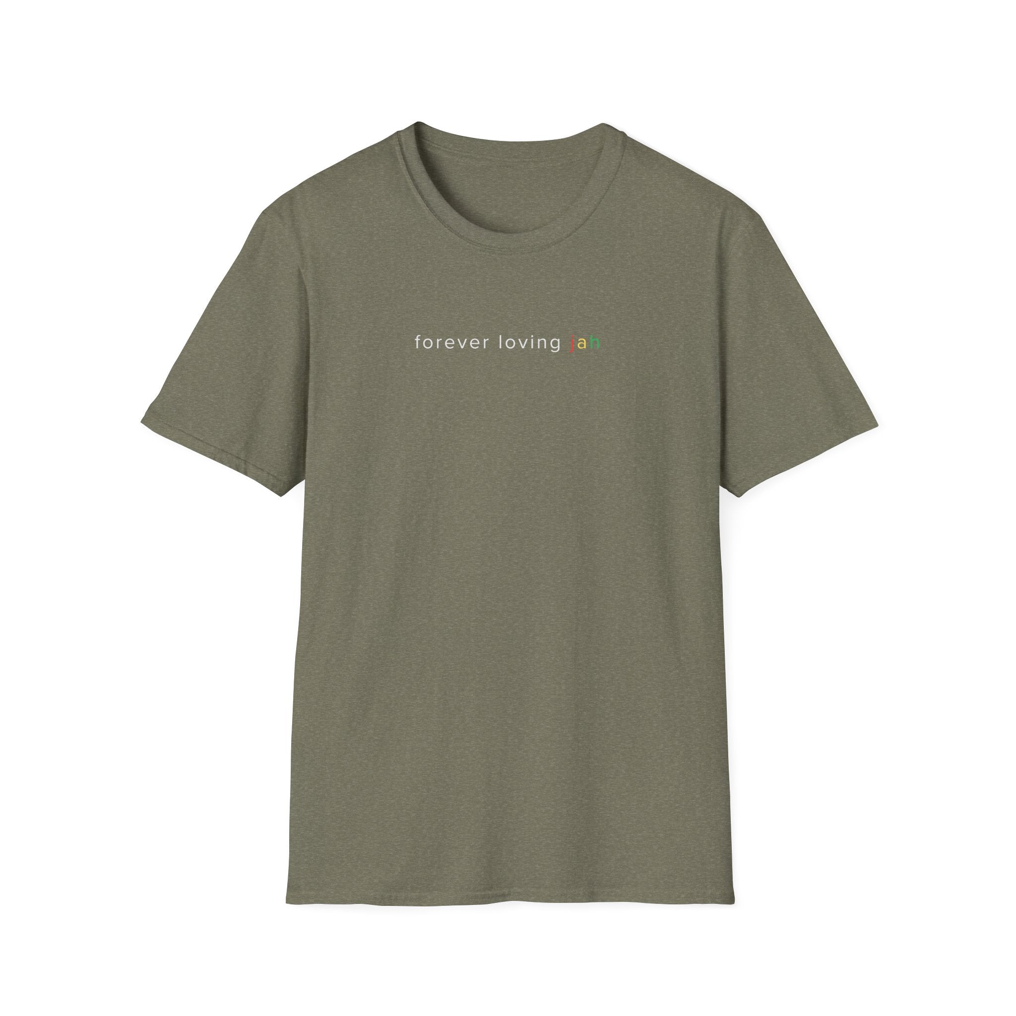 Green t-shirt with 'forever loving jah' text on a white background