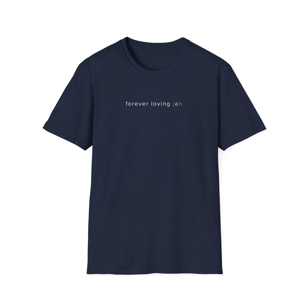 Black t-shirt with 'forever loving jah' printed on a white background