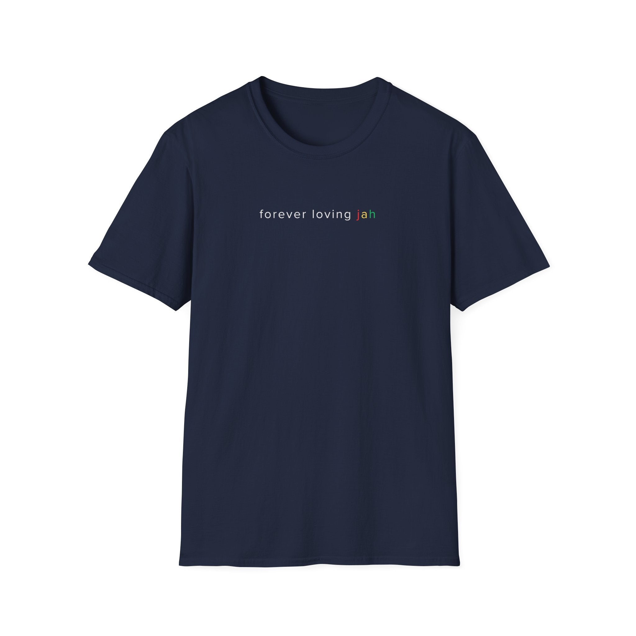 Black t-shirt with 'forever loving jah' printed on a white background