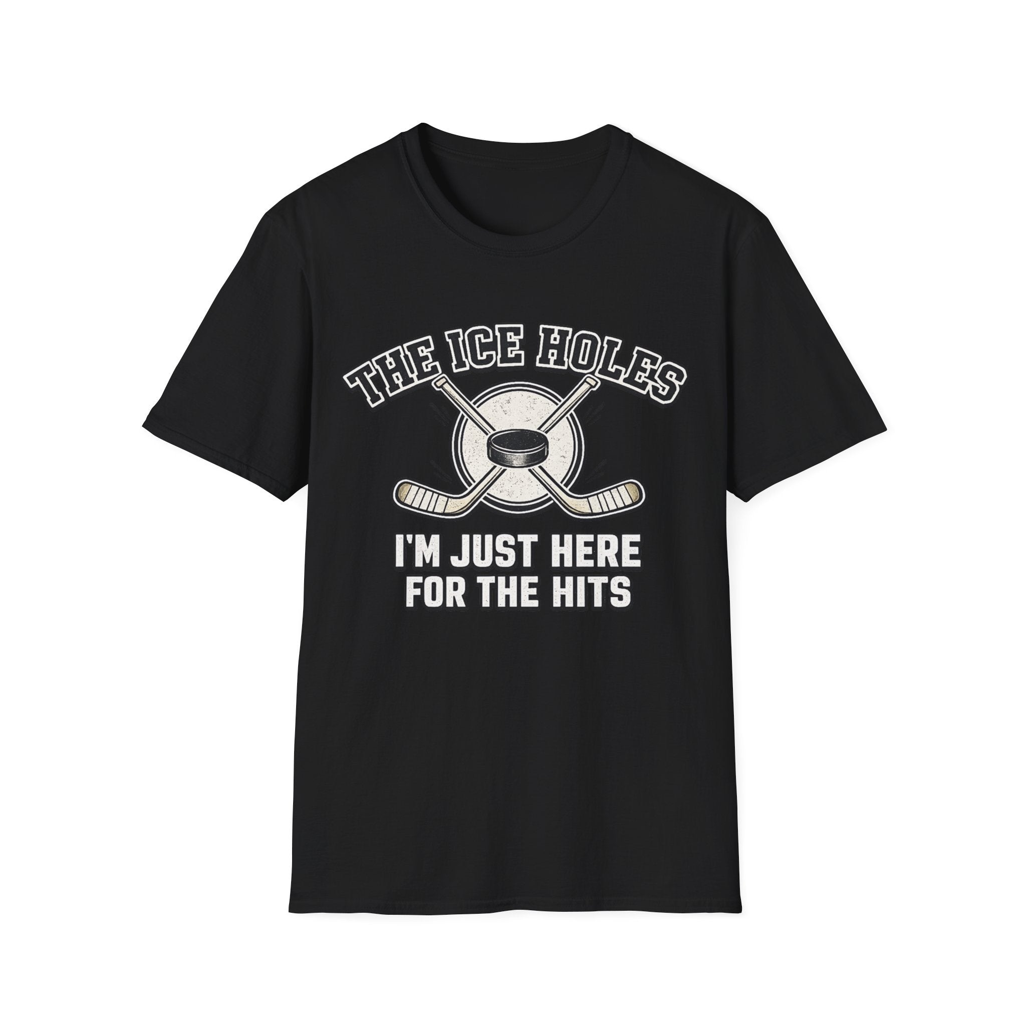 Black unisex T-shirt featuring The Ice Holes hockey slogan, crossed hockey sticks and puck design for sports fans.