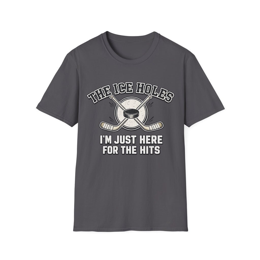 Grey unisex T-shirt featuring The Ice Holes hockey slogan, crossed hockey sticks and puck design for sports fans.