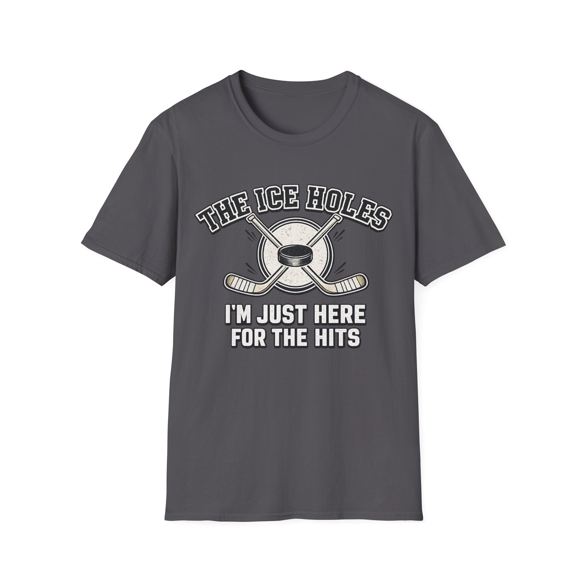Grey unisex T-shirt featuring The Ice Holes hockey slogan, crossed hockey sticks and puck design for sports fans.