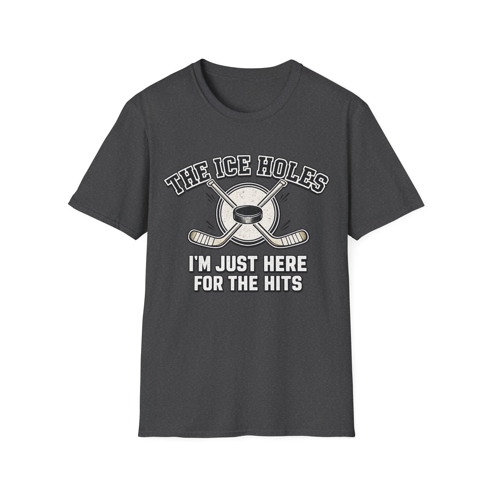 Grey unisex T-shirt featuring The Ice Holes hockey slogan, crossed hockey sticks and puck design for sports fans.