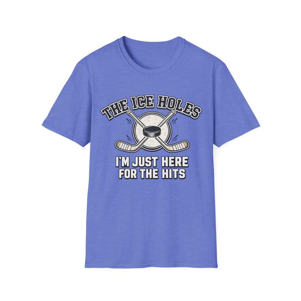 Heather Royal unisex T-shirt featuring The Ice Holes hockey slogan, crossed hockey sticks and puck design for sports fans.