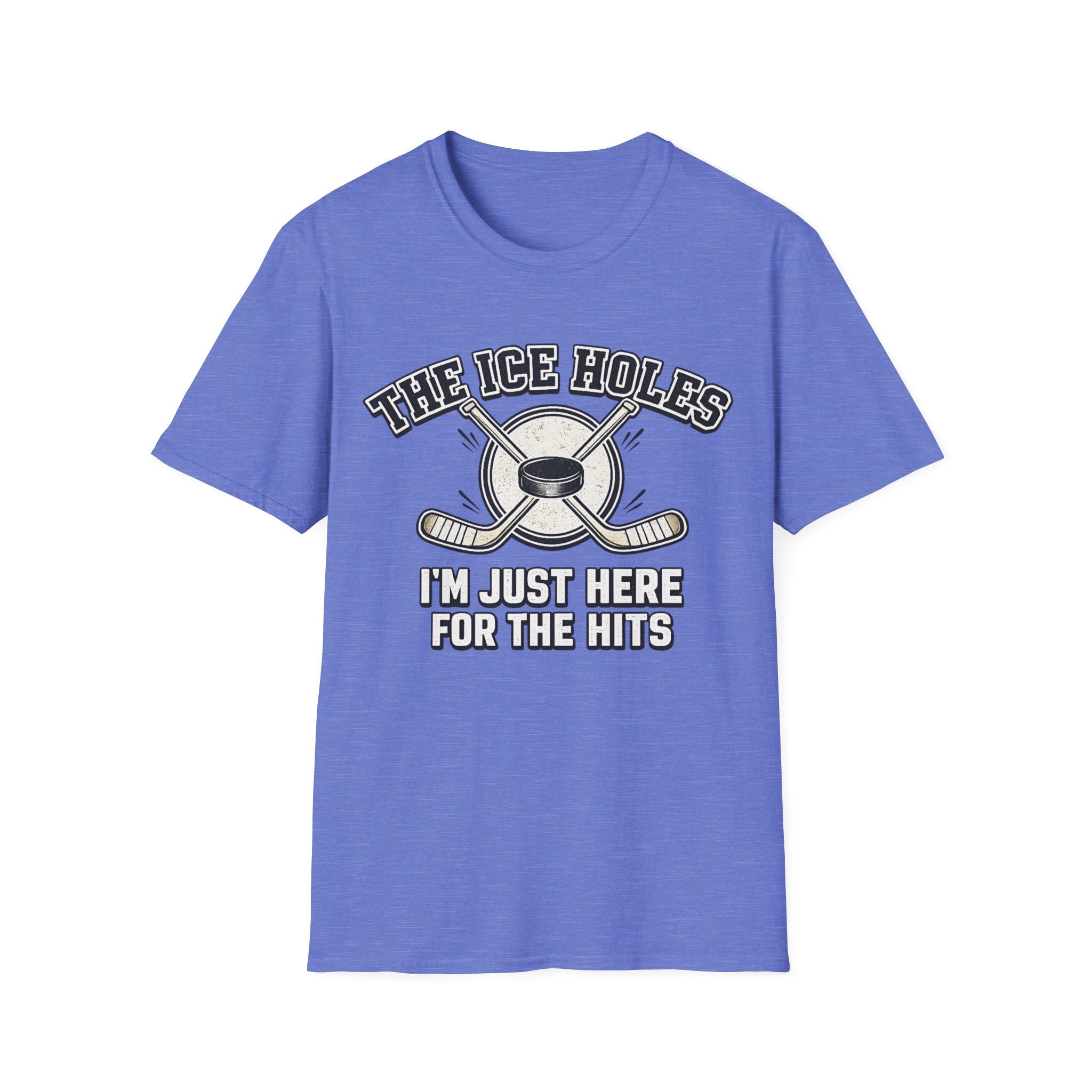 Heather Royal unisex T-shirt featuring The Ice Holes hockey slogan, crossed hockey sticks and puck design for sports fans.