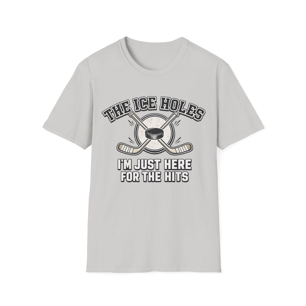 Ice Grey unisex T-shirt featuring The Ice Holes hockey slogan, crossed hockey sticks and puck design for sports fans.