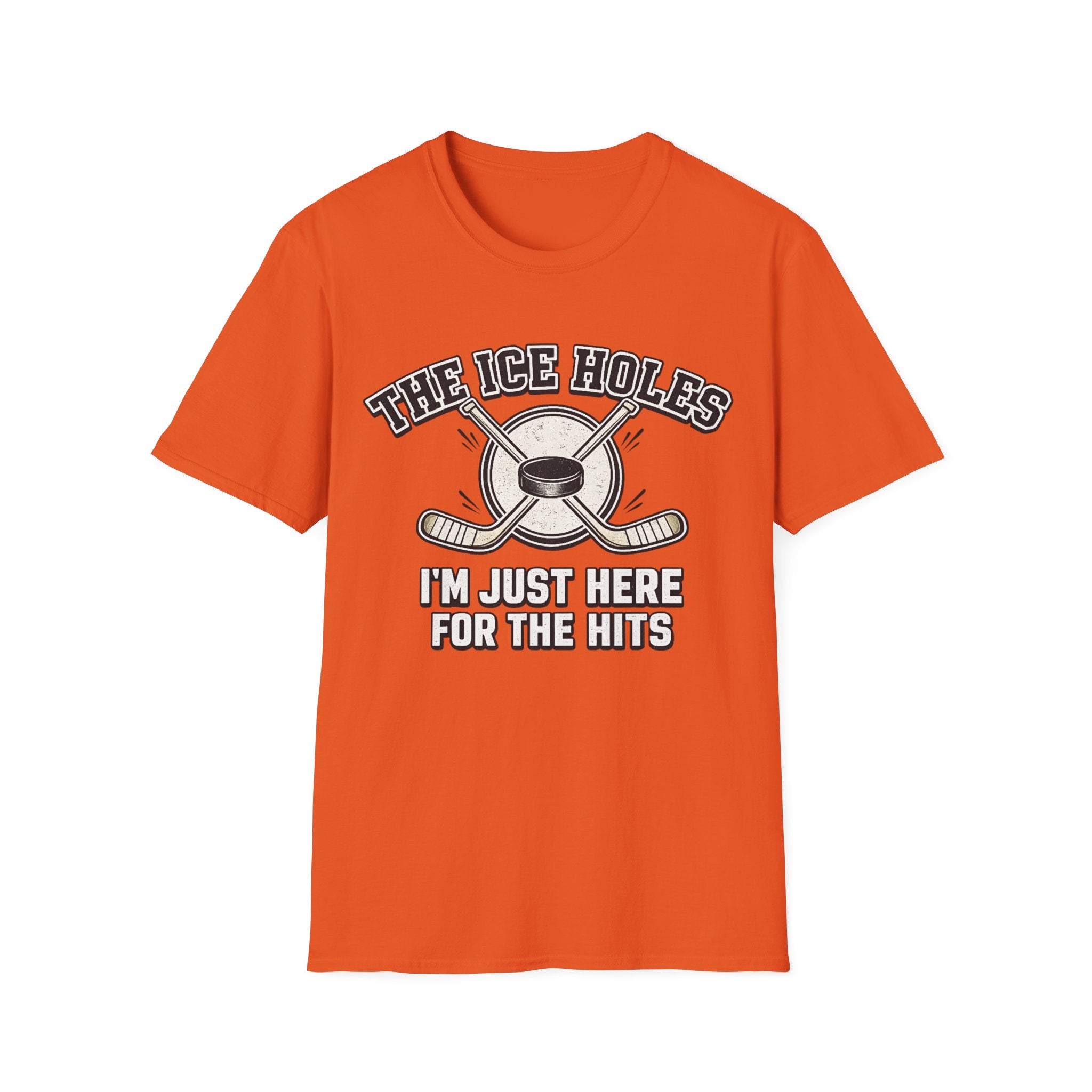 Orange unisex T-shirt featuring The Ice Holes hockey slogan, crossed hockey sticks and puck design for sports fans.