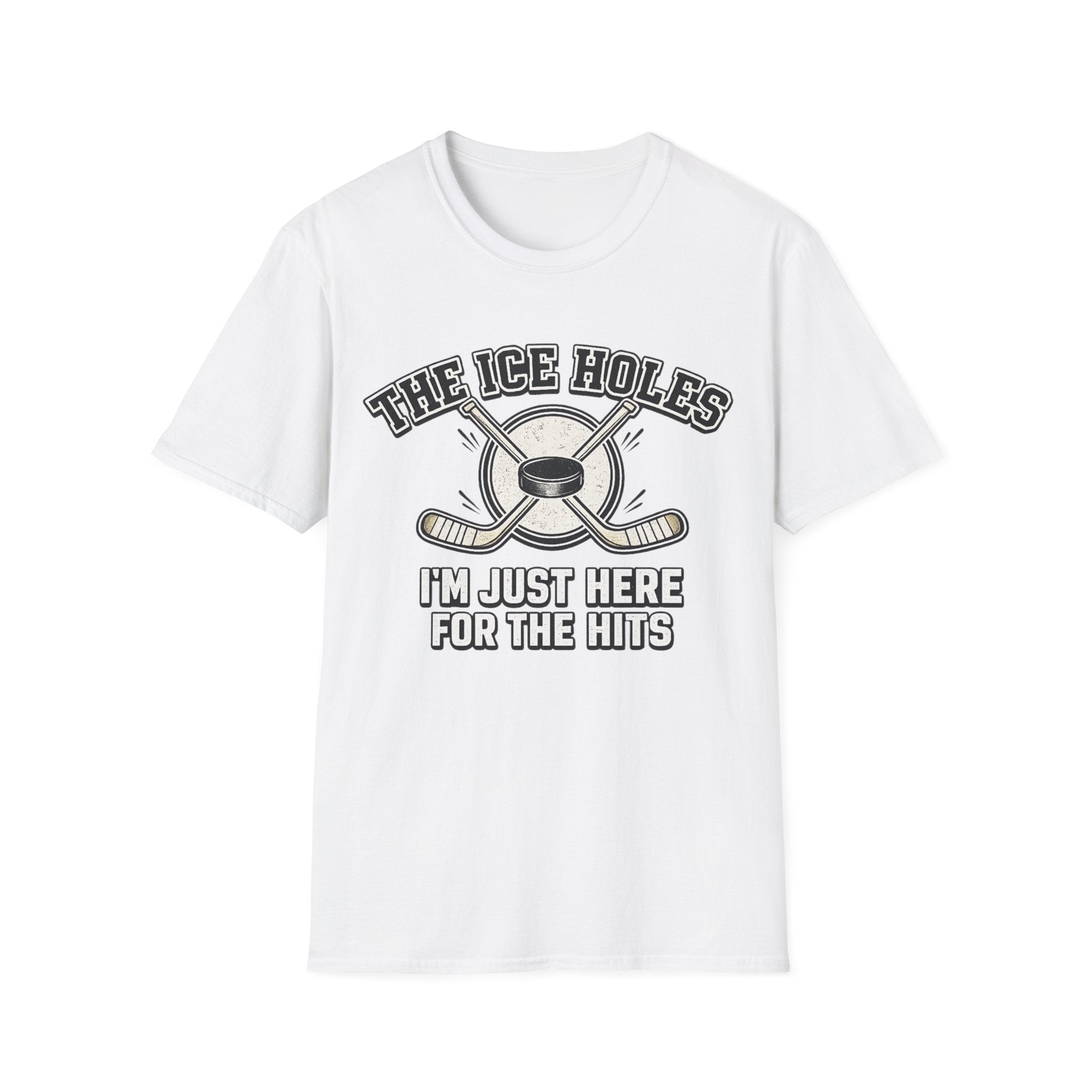 White unisex T-shirt featuring The Ice Holes hockey slogan, crossed hockey sticks and puck design for sports fans.